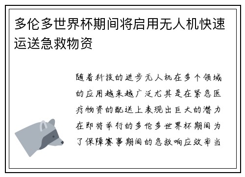 多伦多世界杯期间将启用无人机快速运送急救物资